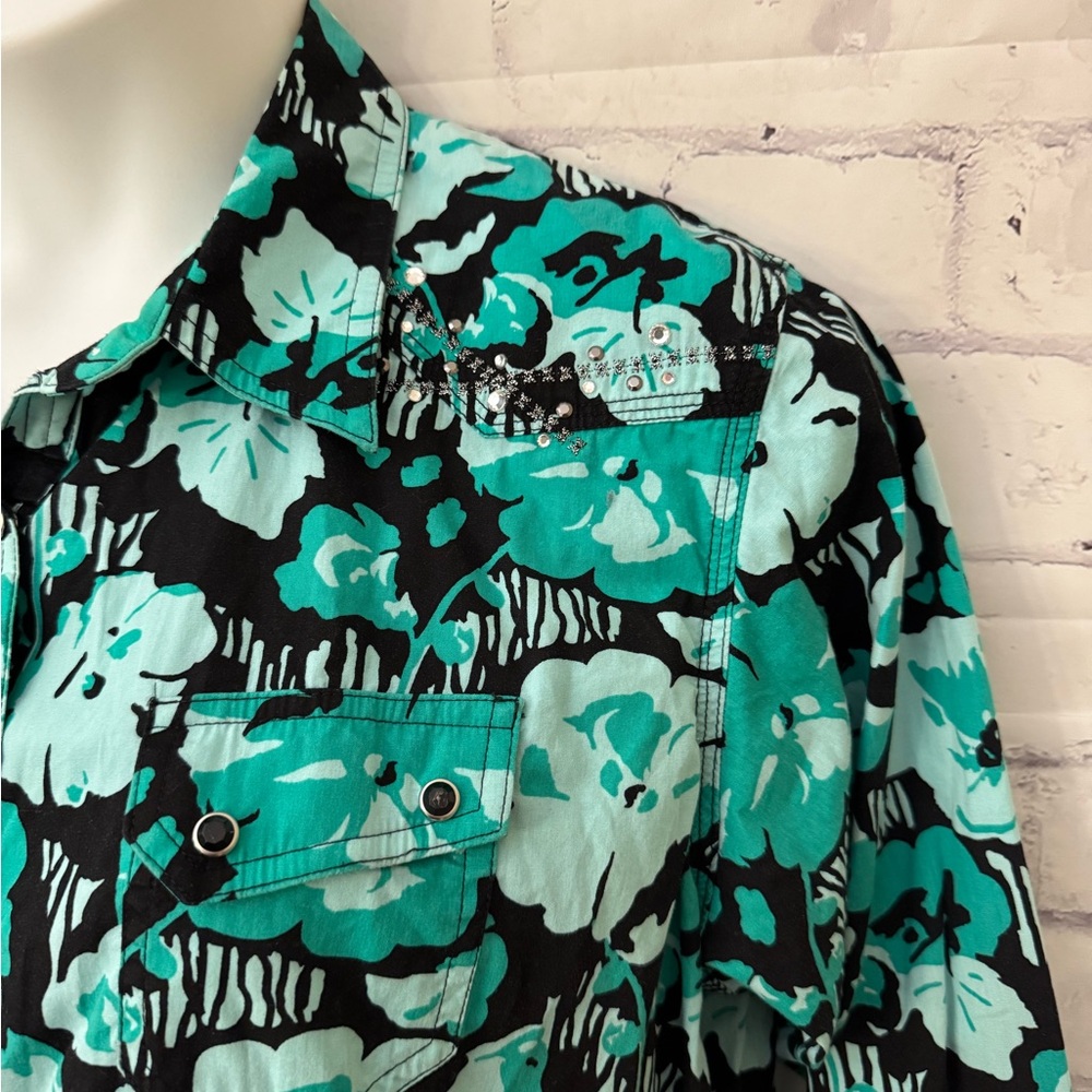 Rock 47 By Wrangler Women’s XXL Teal Black Floral Pearl Snap Top Bling‎ Cowgirl - Picture 3 of 8